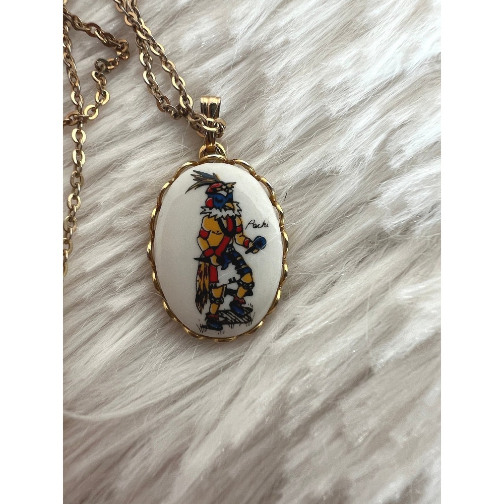 Pachi Porcelain Pendant Necklace Gold Hand Painted‎ Indigenous Dancer